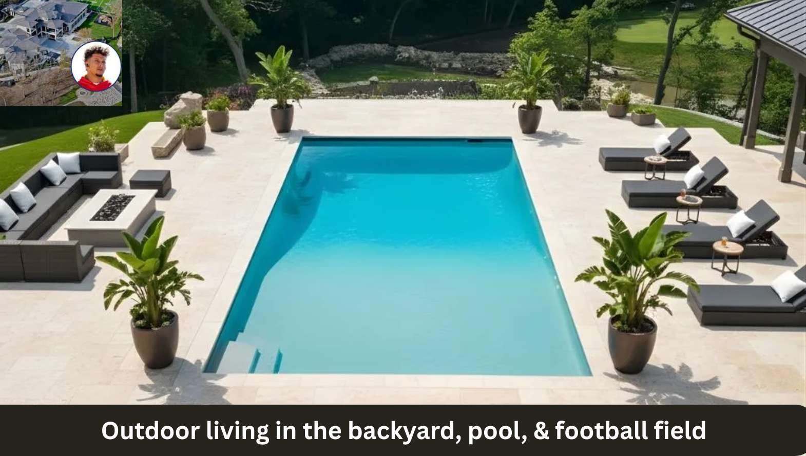 Outdoor living in the backyard, pool, & football field Outdoor living in the backyard, pool, & football field