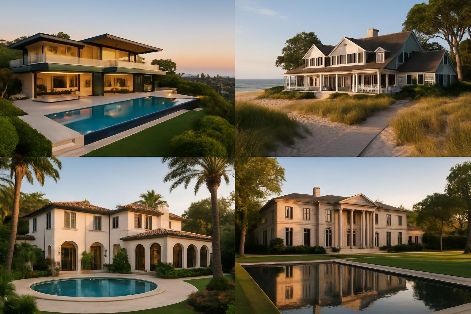 A collage of luxury homes owned by celebrities