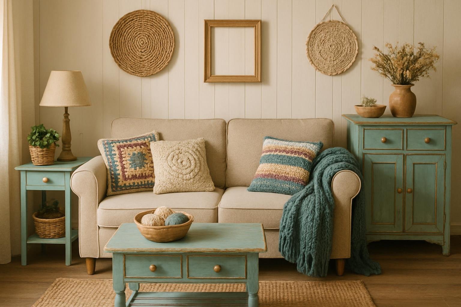 a cozy living space with DIY decor elements like painted furniture and handmade accessories