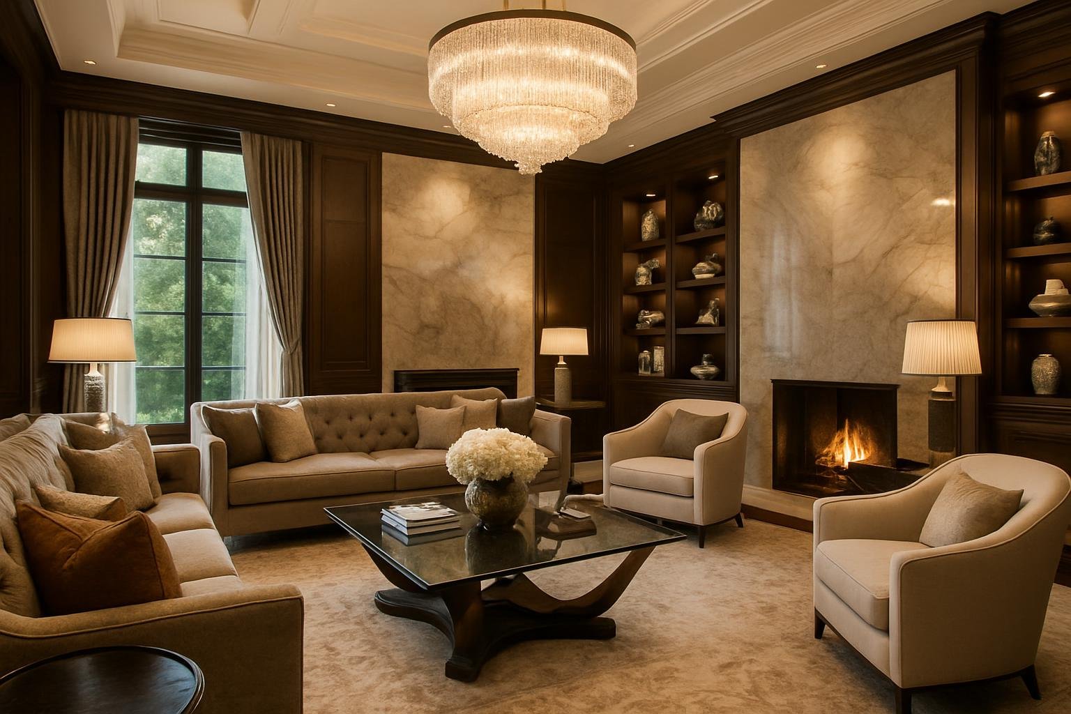 a luxurious living room featuring high-end finishes