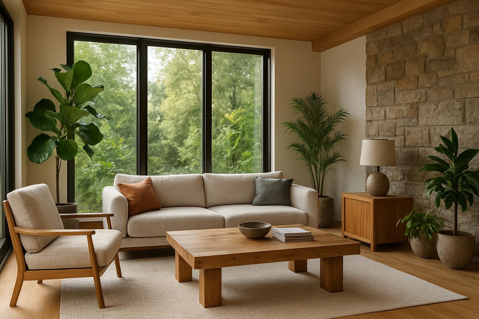 a modern living room featuring large windows with natural light
