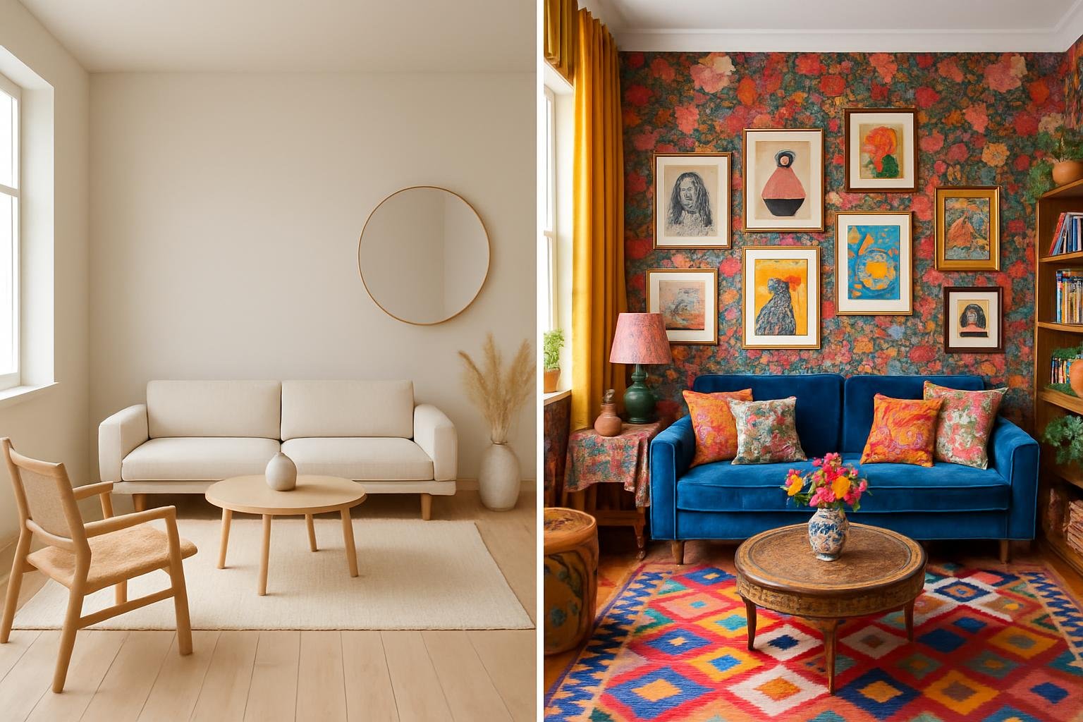 a side-by-side comparison of a minimalist room with neutral colors and a maximalist room filled with vibrant patterns an