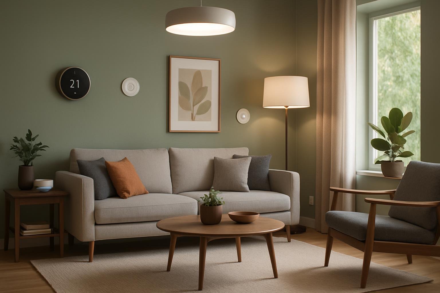 a stylish living room with smart home devices integrated into the decor
