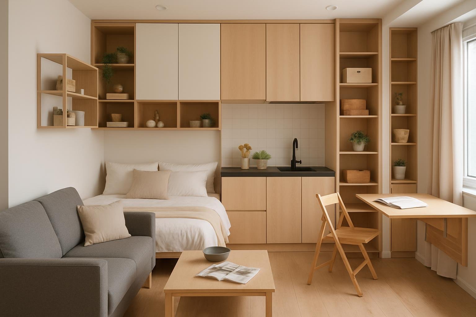 a well-designed small apartment showcasing multifunctional furniture and clever storage solutions