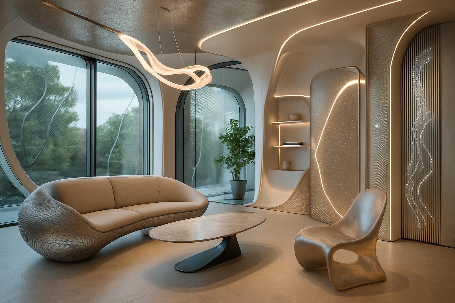an artistic representation of futuristic interior design concepts showcasing innovative materials and technologies