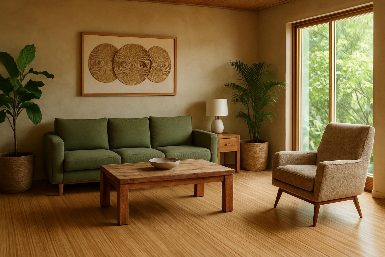 an eco-friendly home interior showcasing sustainable materials like bamboo flooring and recycled furniture