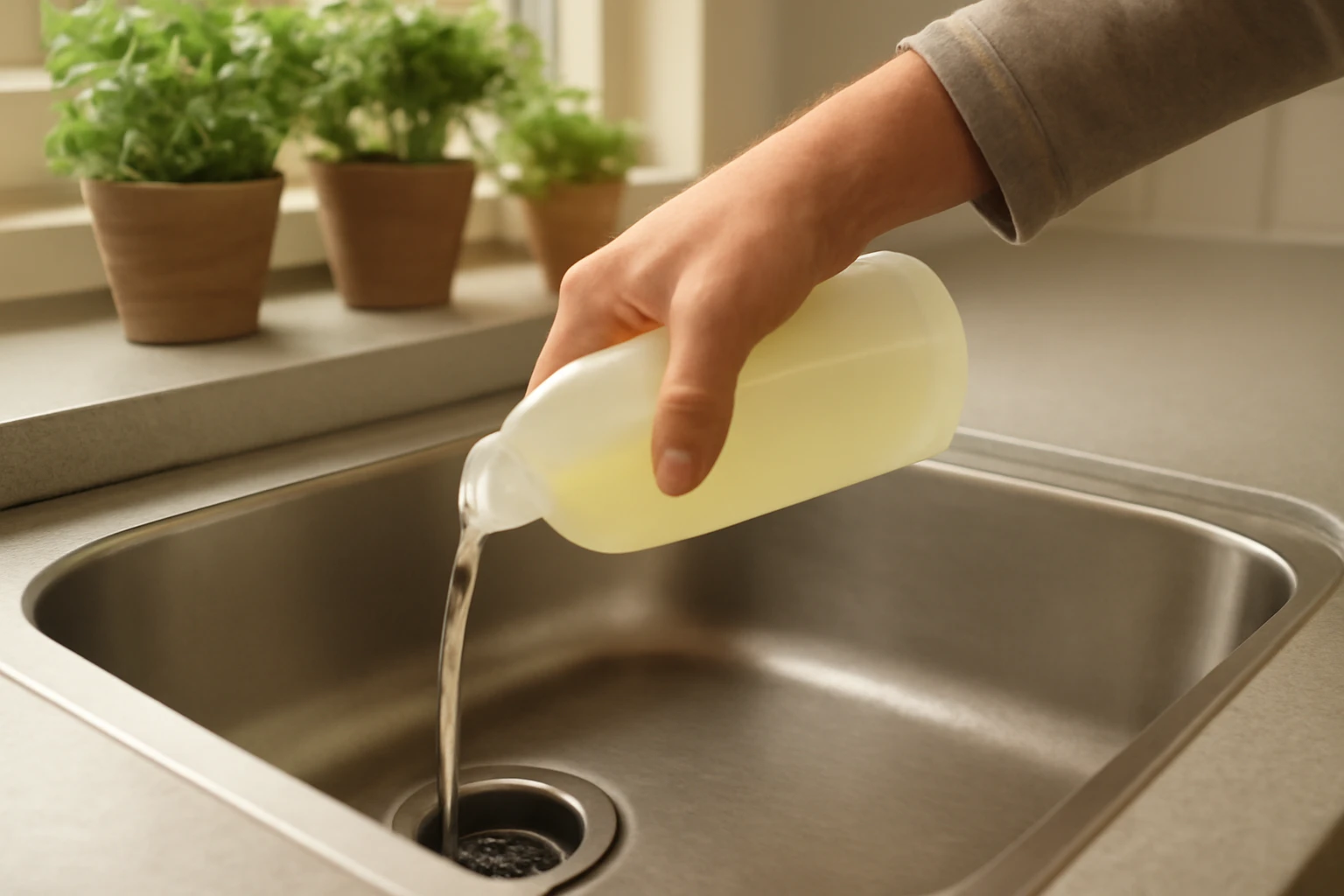 A homeowner pouring enzyme drain cleaner from an unbranded bottle into a stainless-steel kitchen sink drain with potted plant