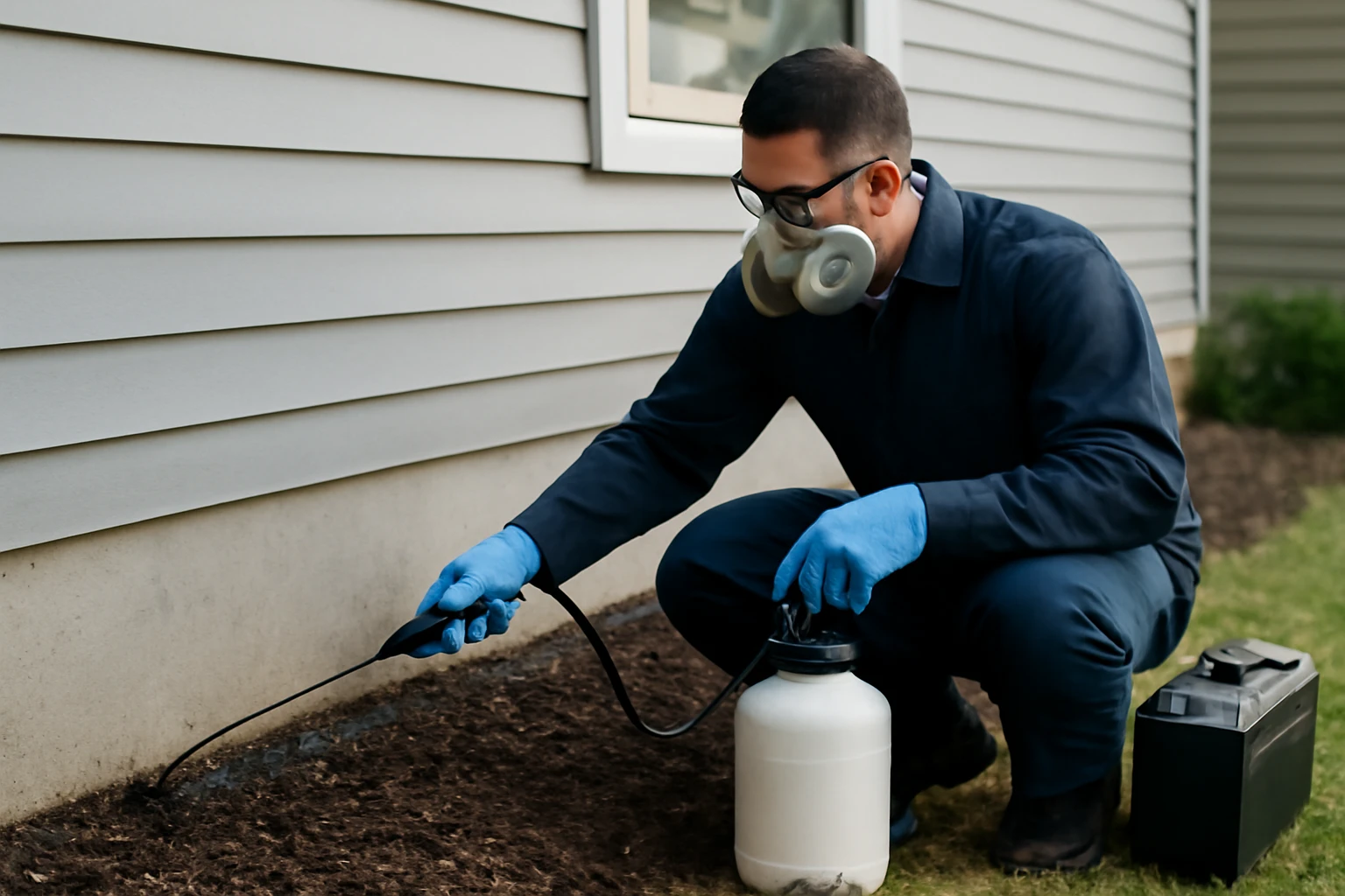 A licensed pest control technician in respirator and gloves applying perimeter insecticide along a home's foundation with a p
