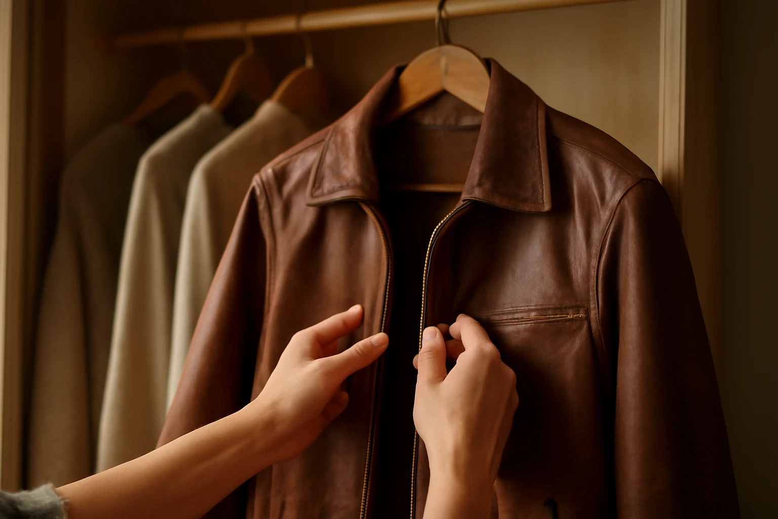 A person feeling the sleeve and collar of a brown leather jacket hanging in a tidy closet to check its condition.