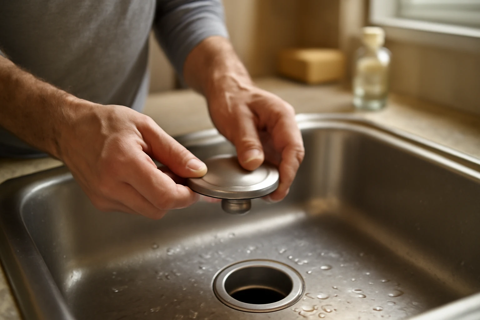 A person removing a stainless-steel pop-up sink stopper to inspect a partially clogged kitchen drain in daylight.