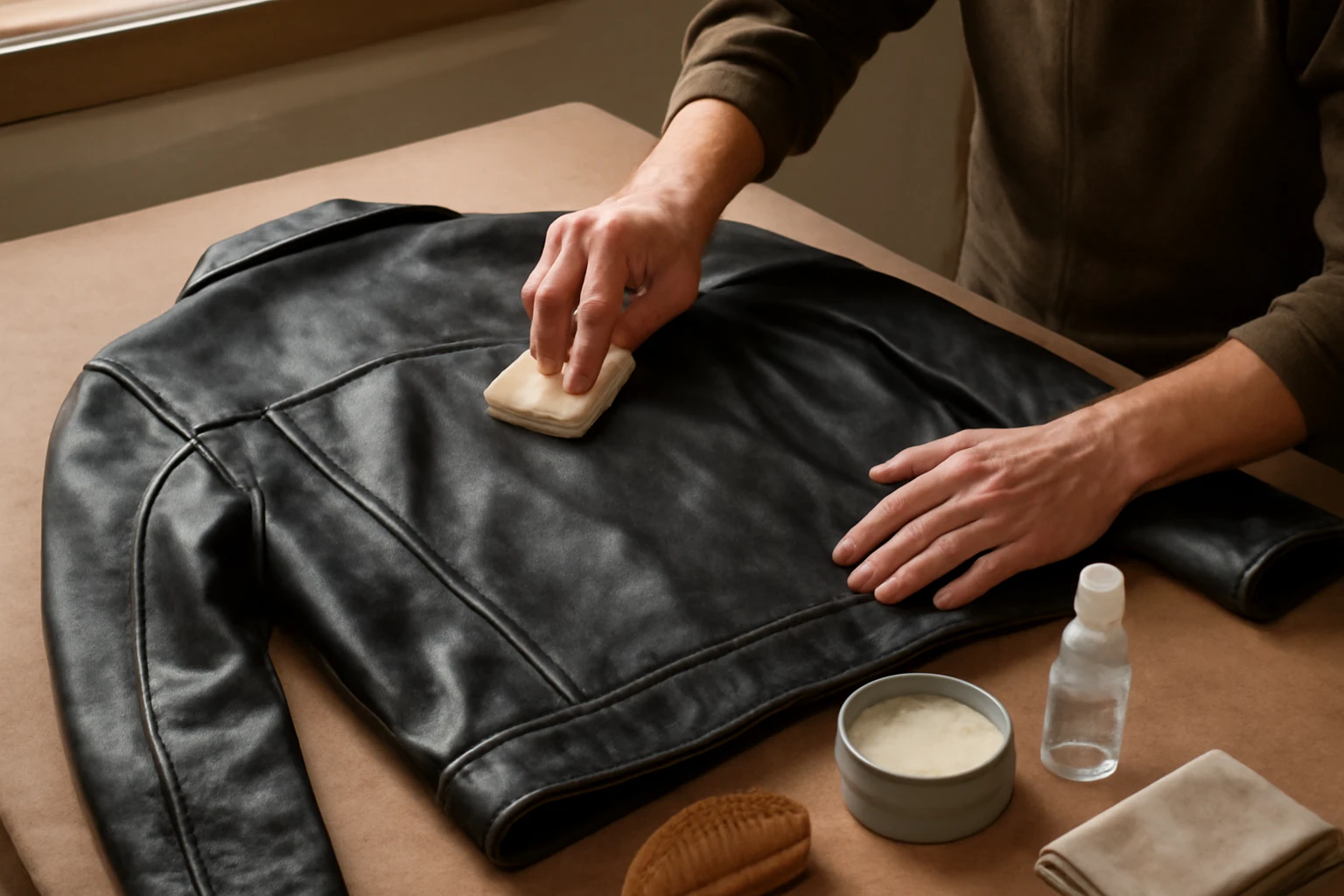A restorer applies leather conditioner to the back of a black leather jacket on a padded workbench with cleaner and cloths ne