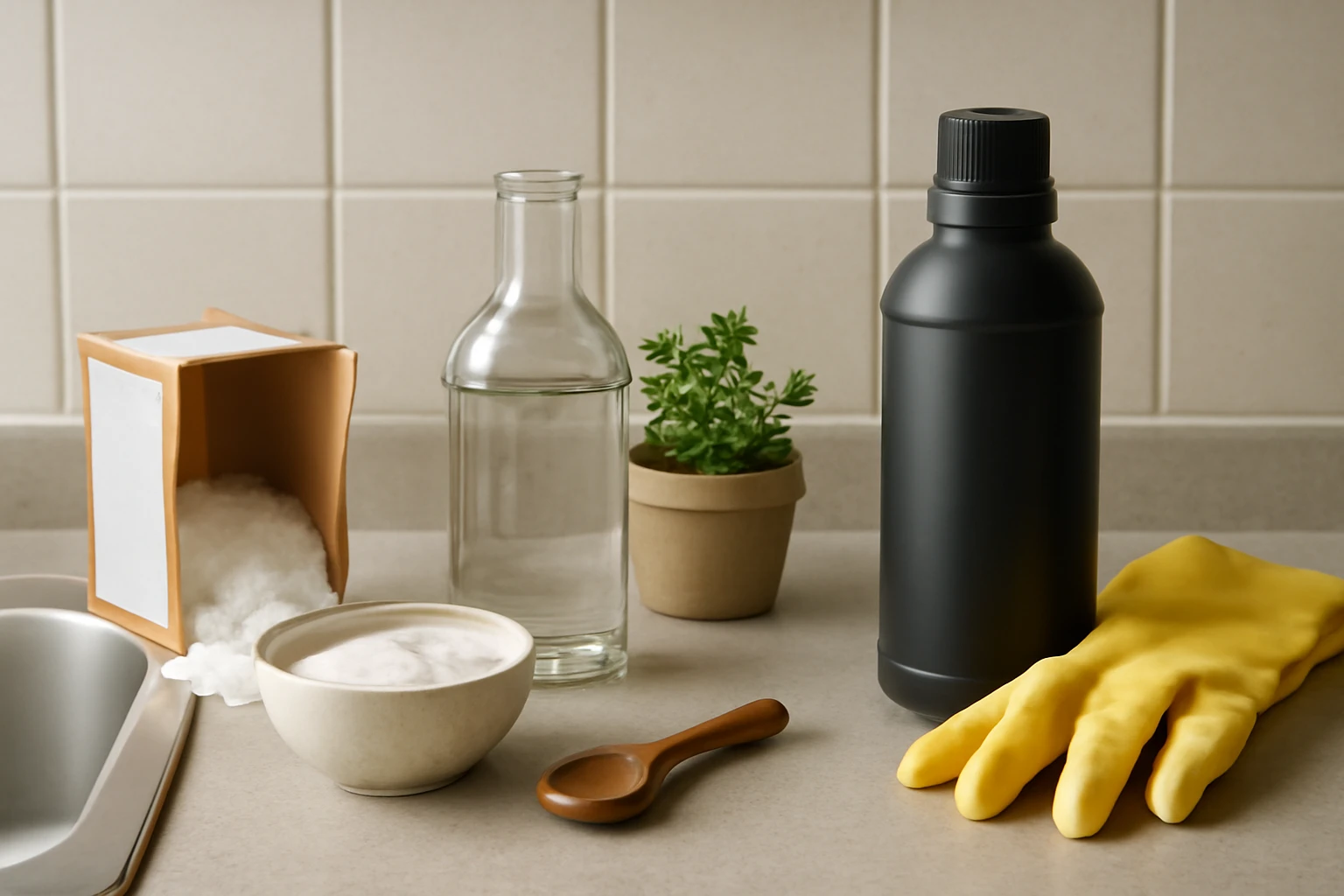 Baking soda and vinegar on a kitchen counter beside a generic chemical drain-cleaner bottle and rubber gloves, showing safer 