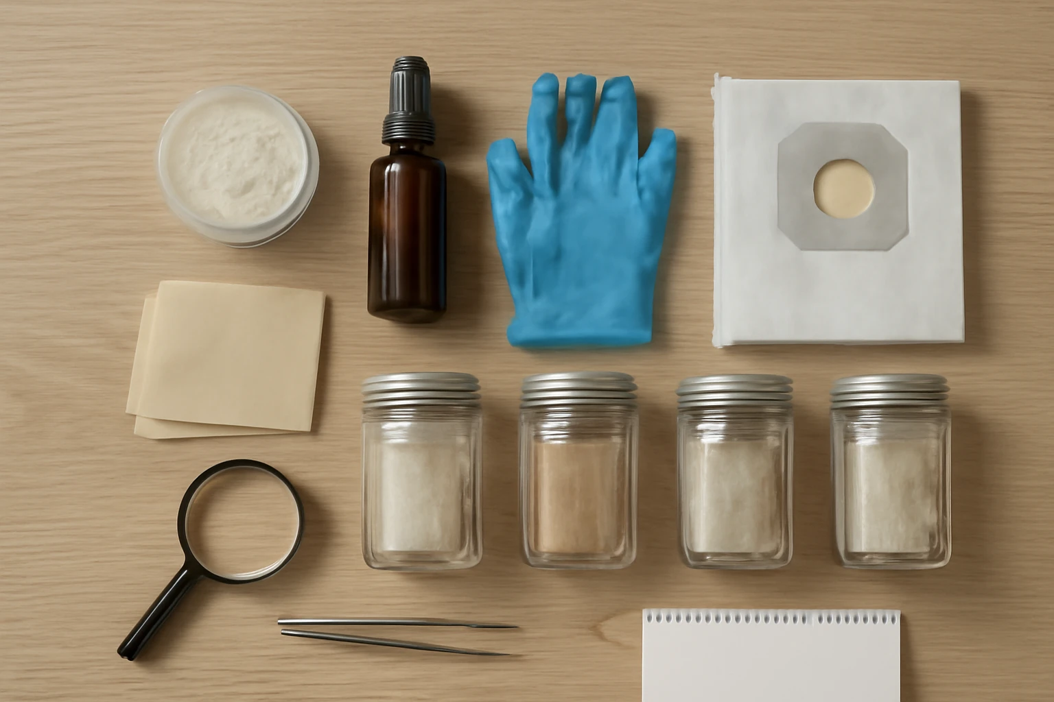 Beetle treatment supplies laid out on a wooden table, including diatomaceous earth, gloves, sealed jars, spray bottle, and a 