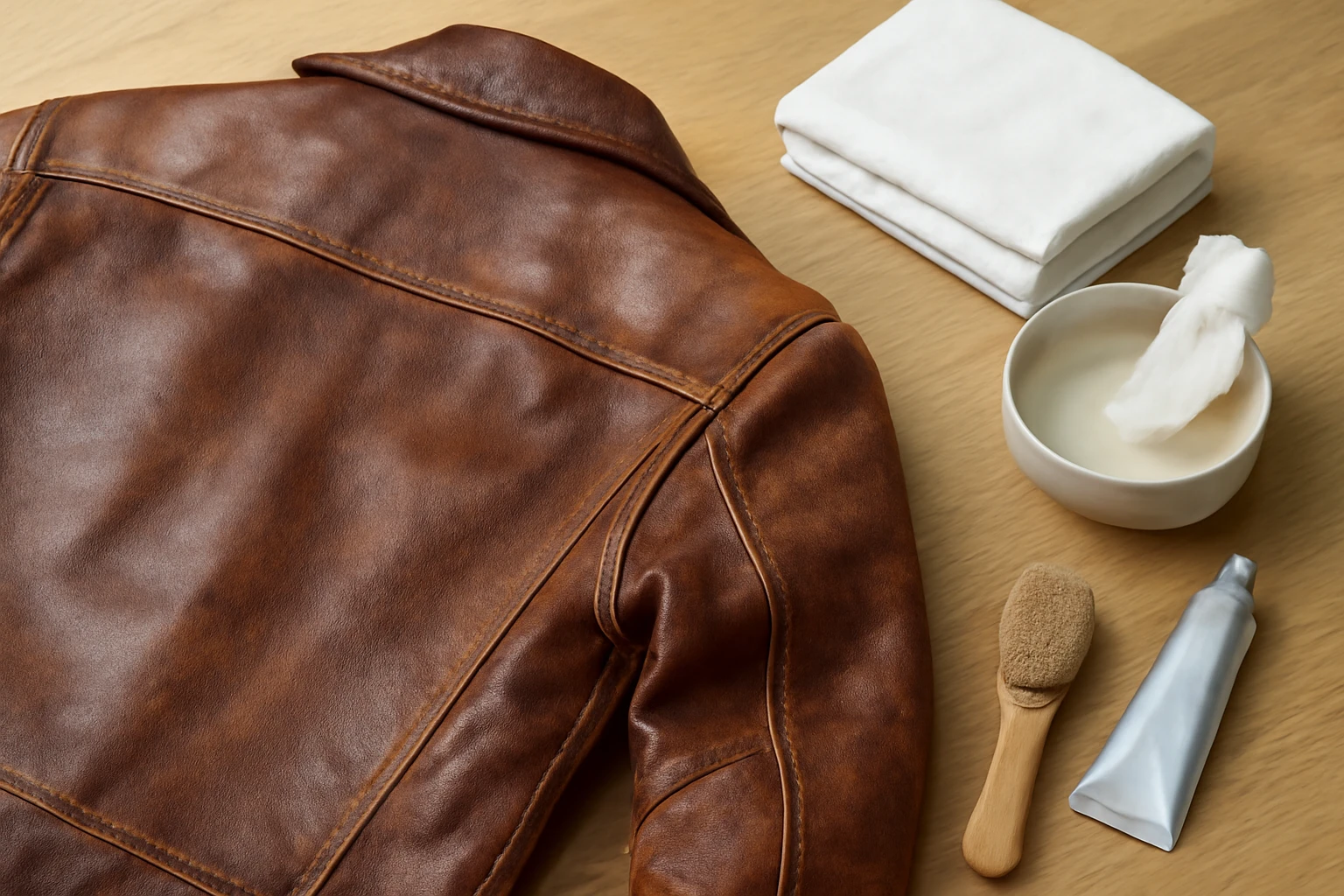Brown leather jacket laid flat on a wooden table with cotton cloths, a bowl of diluted cleaner, soft brush, and conditioner t