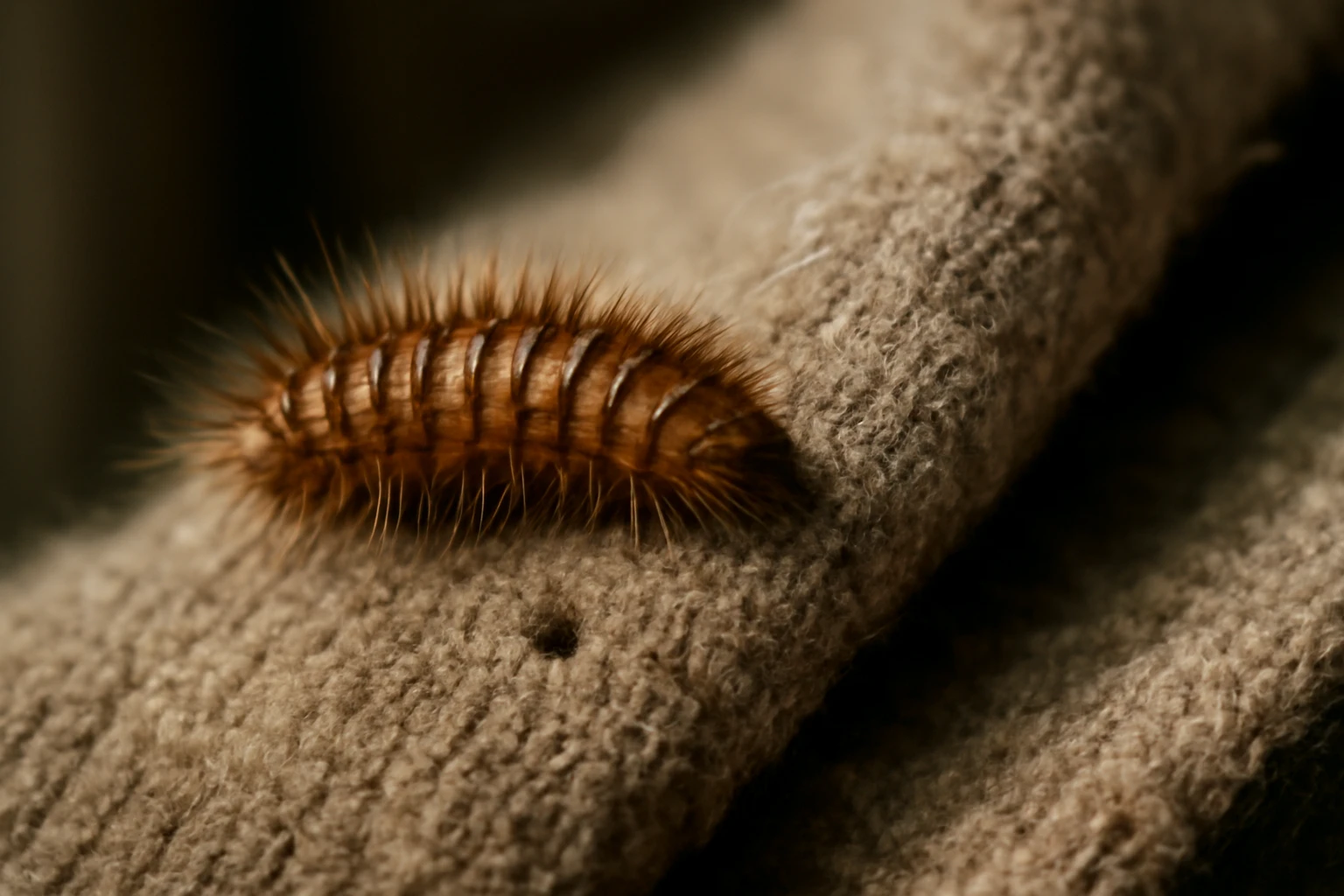 Carpet beetle larva crawling on the folded edge of a wool sweater inside a dim closet, with visible hairs and fabric damage.