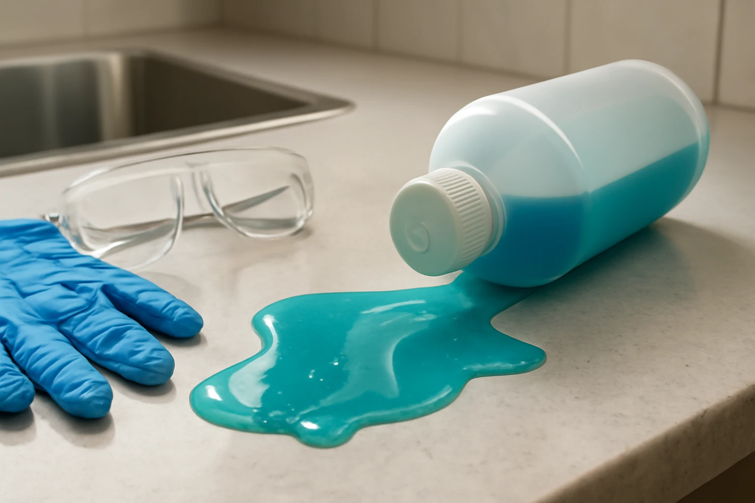 Chemical drain cleaner spilled on a kitchen countertop next to rubber gloves and clear safety goggles by a stainless-steel si
