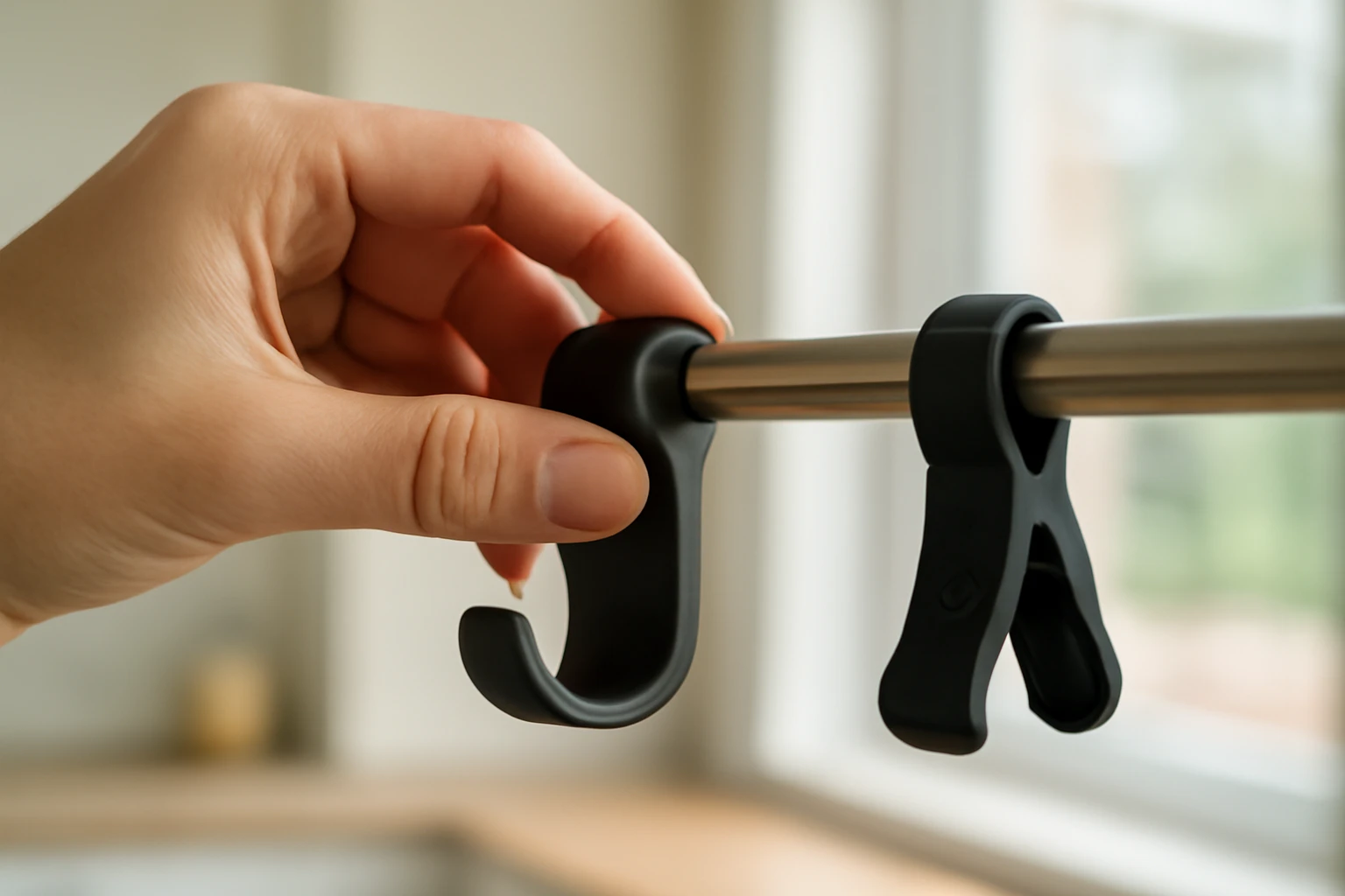 Close-up editorial photograph of a hand placing a matte-black magnetic curtain hook with rubber-padded contact onto a slim st