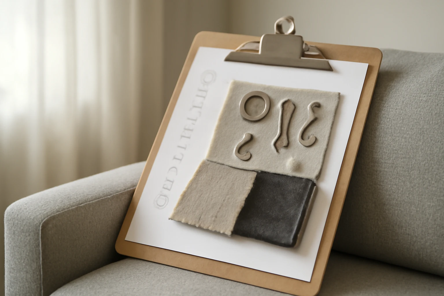 Close-up editorial shot of an interior designer's clipboard resting on the arm of a light-gray mid-century sofa in a modern S