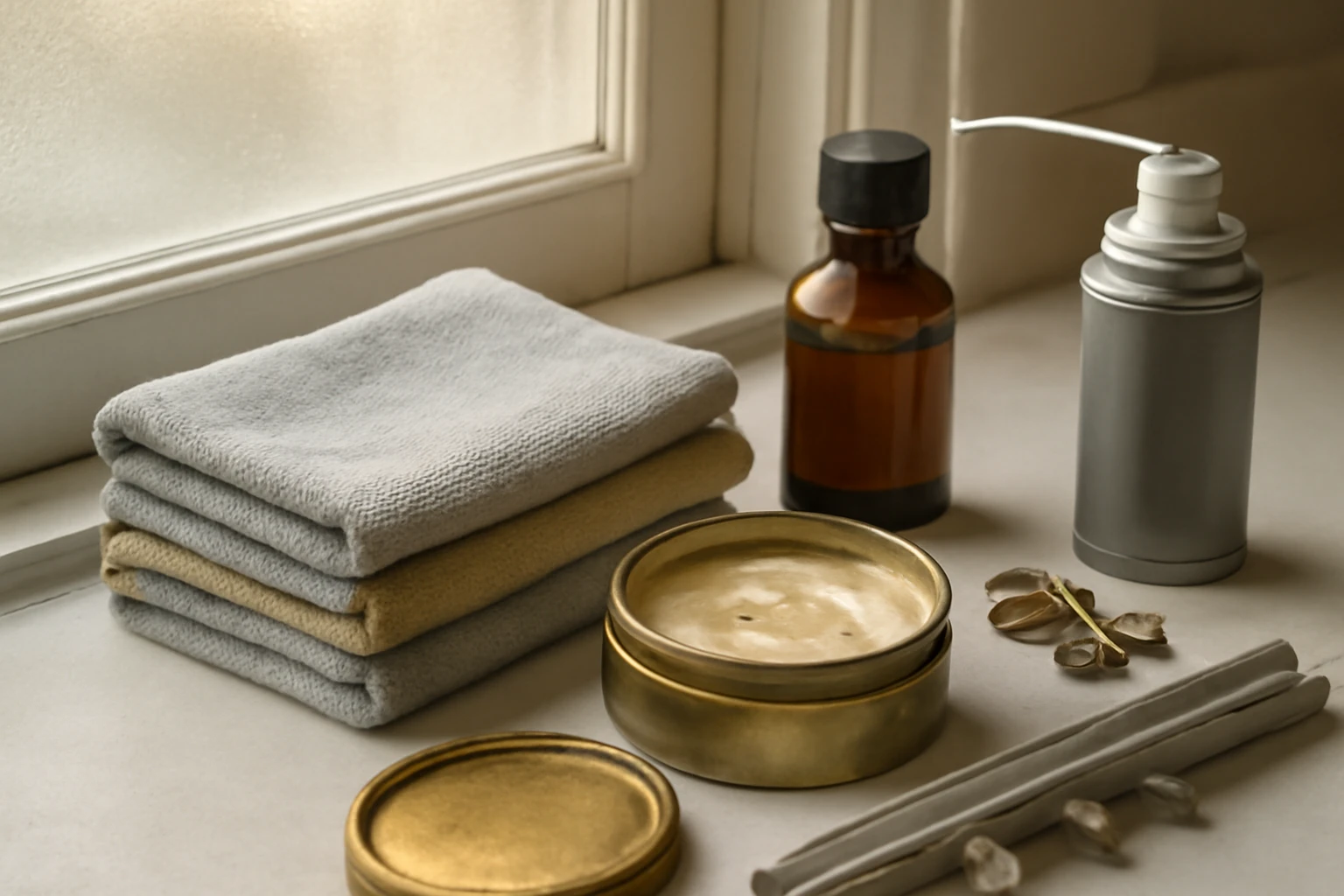 Close-up editorial still-life of a curtain maintenance kit on a white ceramic bathroom counter beside a frosted sash window i