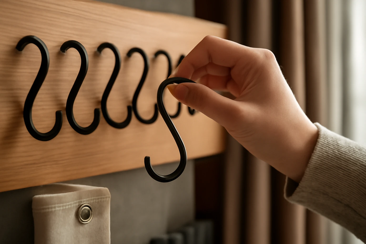 Close-up macro editorial shot of a matte-black S-shaped metal curtain hook being pinched and lifted from a neat row of identi