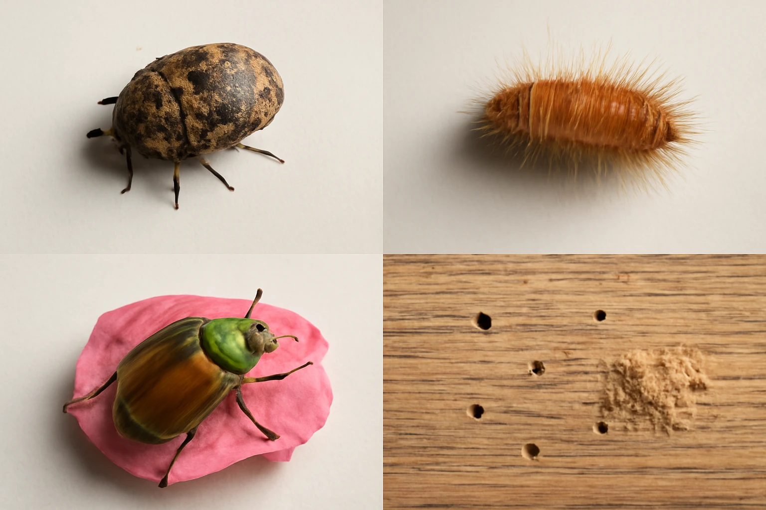 Close-up of four common pest beetles and damage: carpet beetle adult, carpet beetle larva, Japanese beetle on a rose petal, a