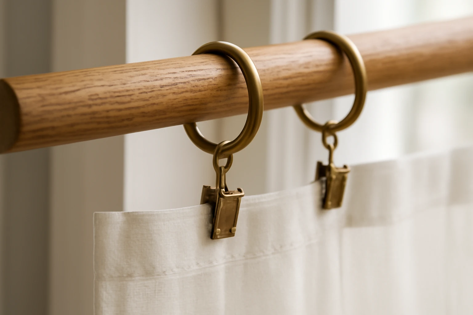 Close-up three-quarter view of a modern window corner showing sheer ivory curtains hung from polished brass curtain rings wit