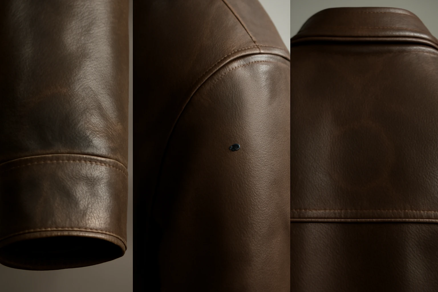 Close-up triptych of a leather jacket showing an oil-stained cuff, an ink dot on the shoulder, and a pale water ring on the b