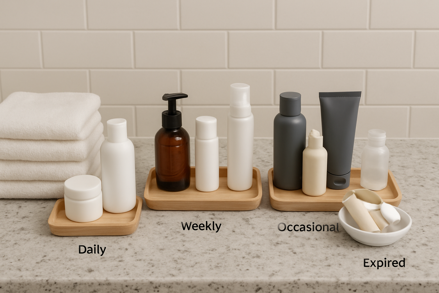 countertop with grouped bathroom items sorted into piles labeled daily, weekly, occasional, expired