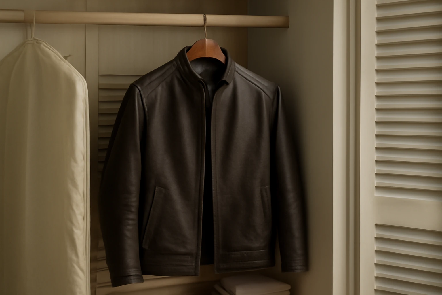 Dark brown leather jacket hanging on a cedar hanger in a ventilated closet with a breathable garment bag and cedar blocks.