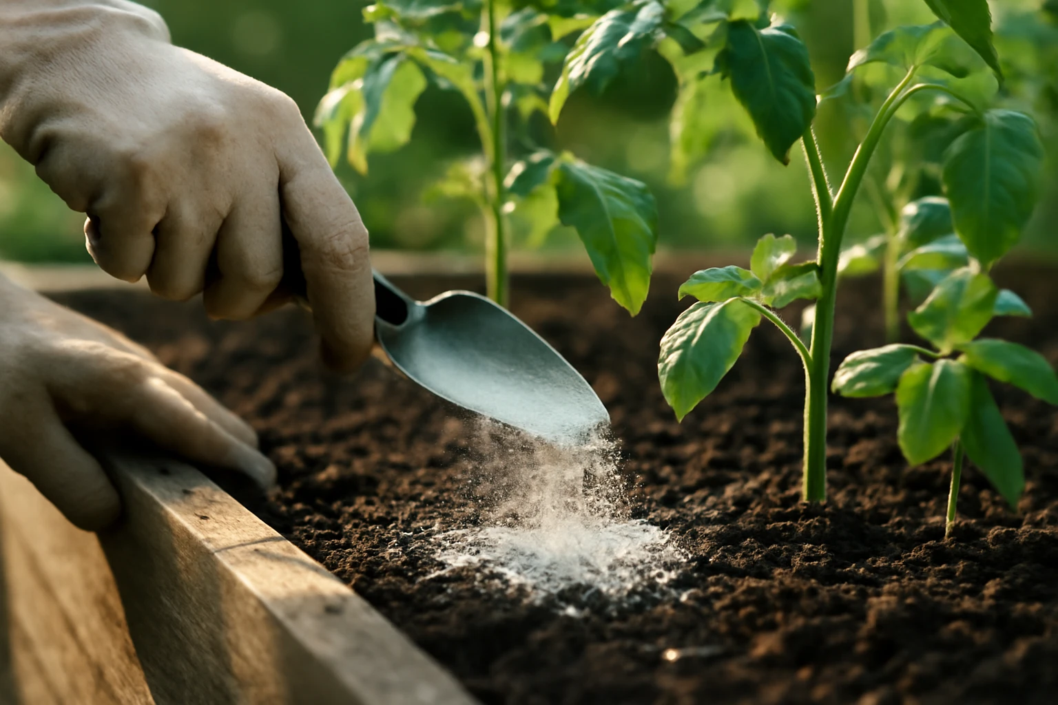 Diatomaceous earth being dusted along the edge of a vegetable garden bed near plant stems by a gardener's gloved hand.