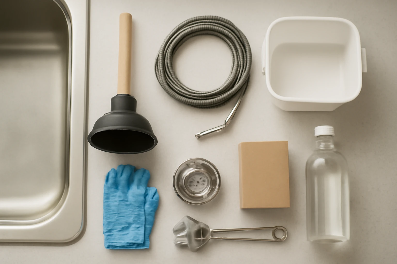 Drain-cleaning tools laid out on a kitchen countertop, including a plunger, coiled plumber's snake, bucket, gloves, wrench an