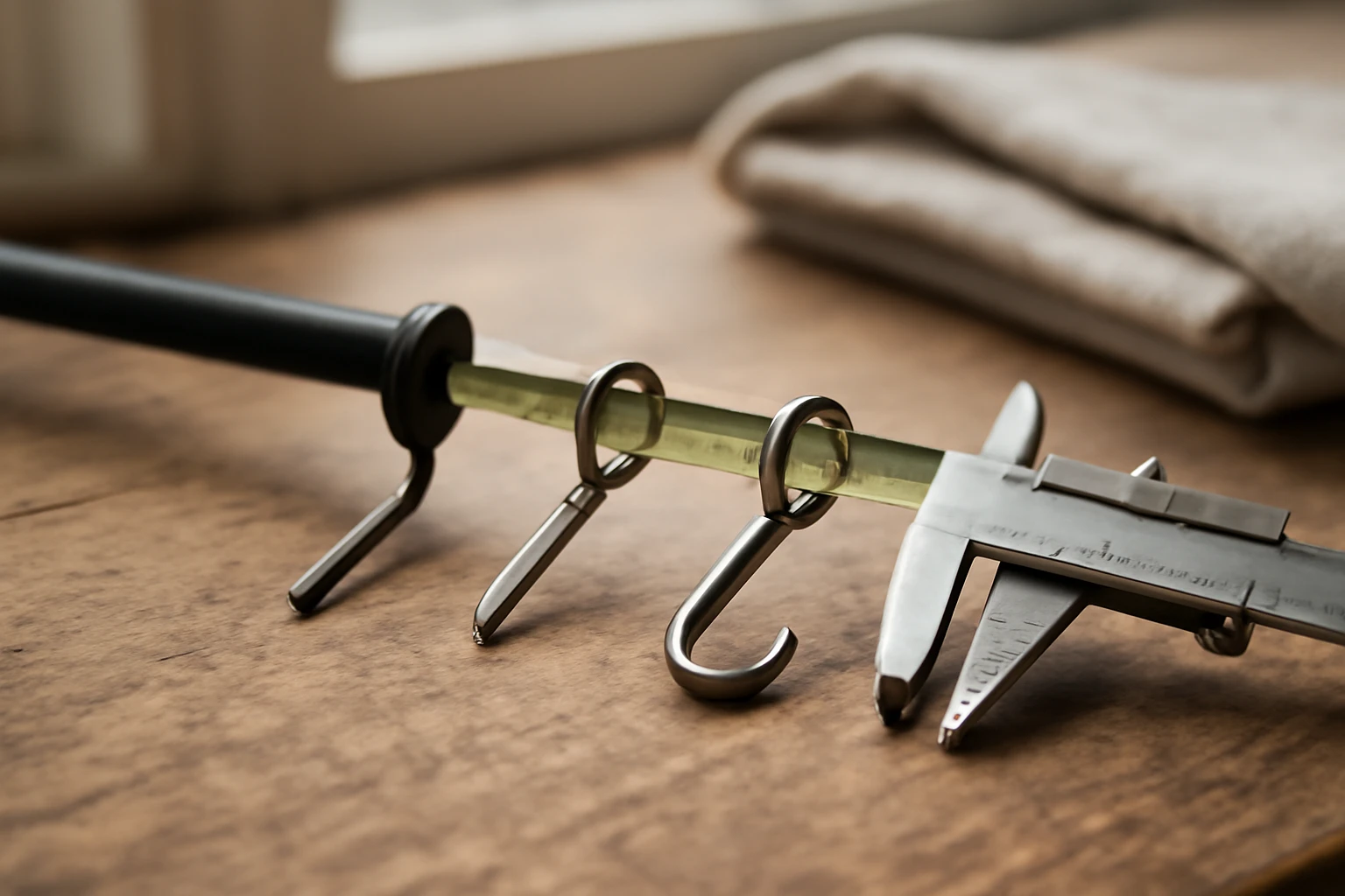 Editorial close-up on a wooden workbench in a Northern European home workshop: a retractable measuring tape extended across t