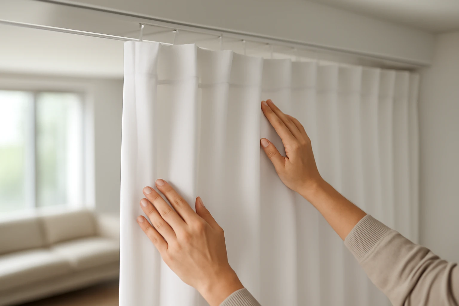 Editorial mid-shot of a designer smoothing a long white polyester curtain with a wave heading tape, hands gently flattening c