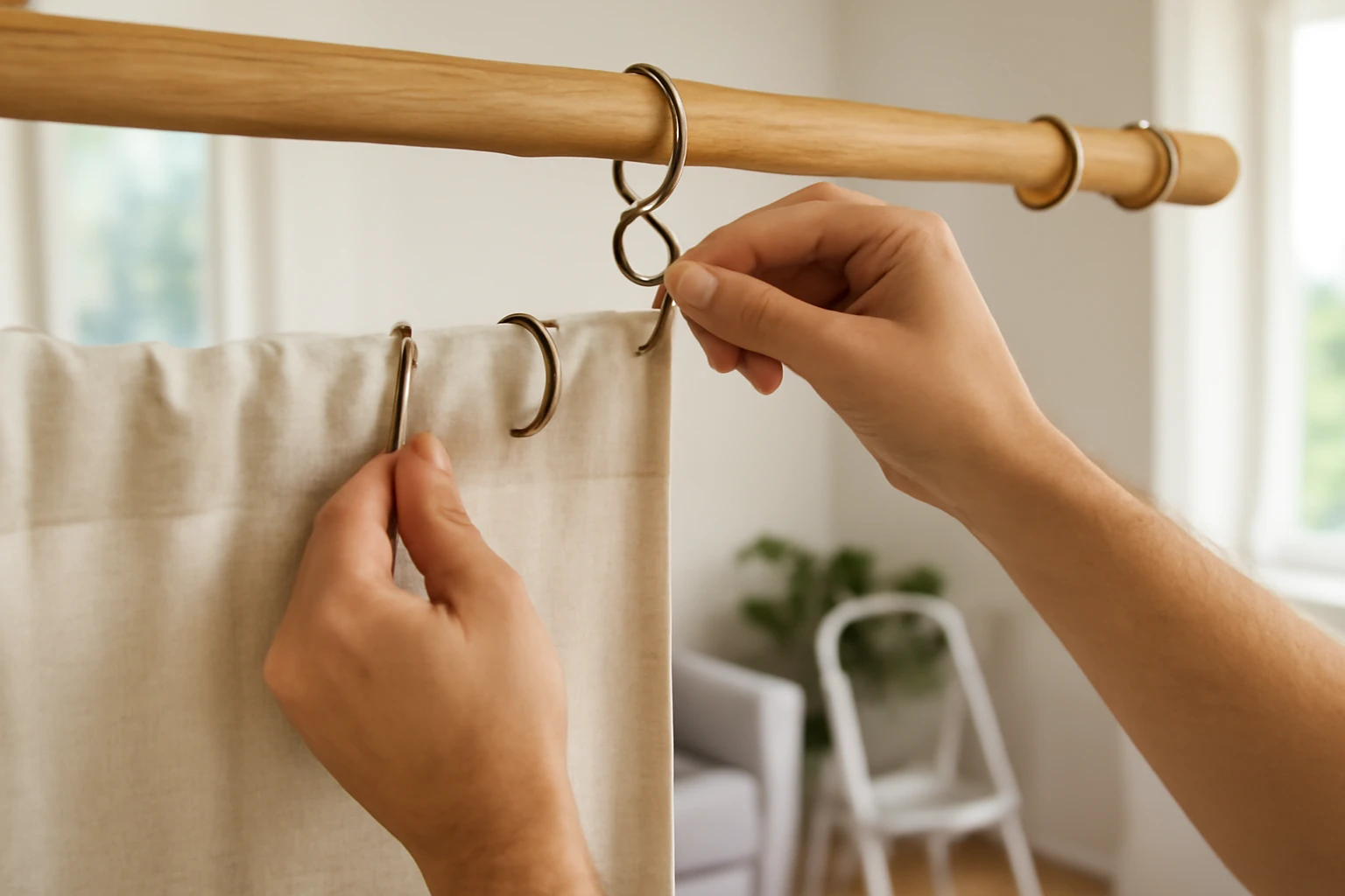 Editorial mid-shot of a DIY homeowner installing brass S-hooks and metal curtain rings onto a natural oak wooden curtain rod 