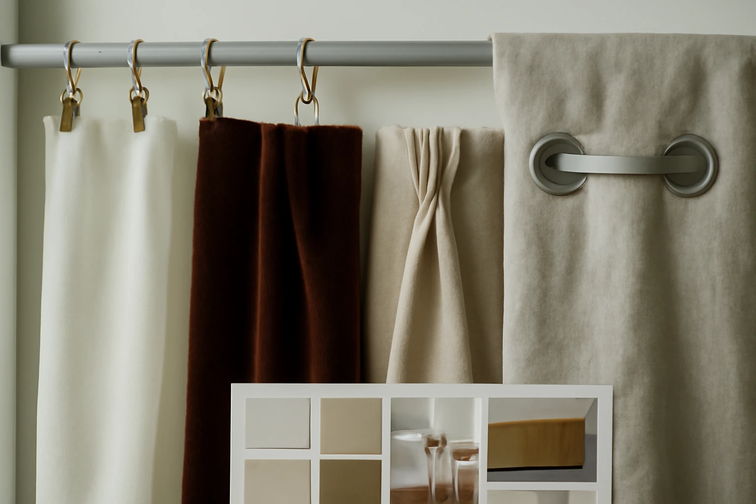 Editorial photorealistic close-up of four curtain fabric swatches hung side-by-side from a short sample rail above a mood boa