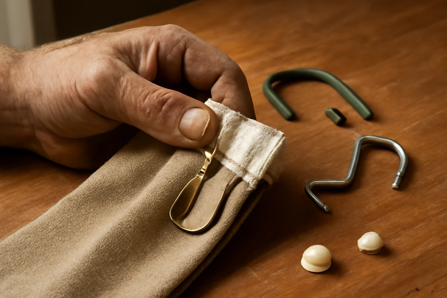 Editorial photorealistic mid-shot of a craftsman's rough, working hand holding a solid brass pinch-pleat curtain hook clipped