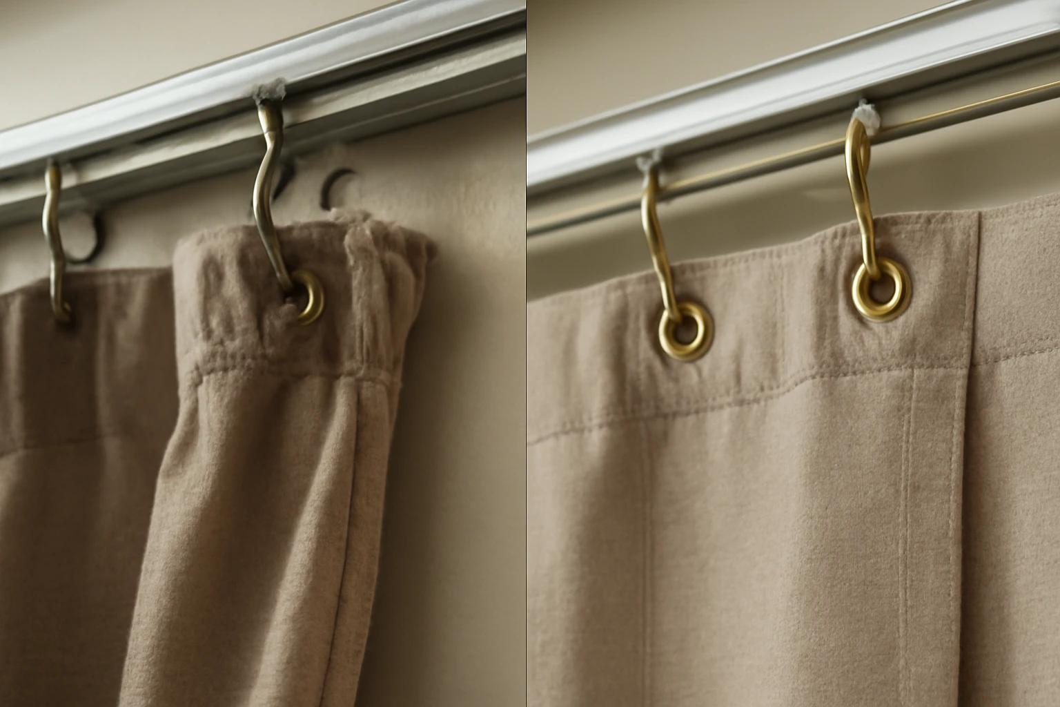 Editorial-quality split-frame close-up of a residential curtain rail and hem: left panel shows a sagging, bunched curtain wit