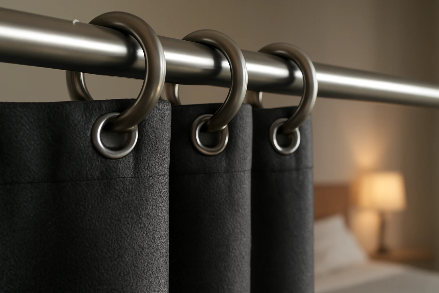 Editorial-quality ultra-photorealistic close-up of dark grey eyelet (grommet) curtains hanging on a brushed stainless-steel r