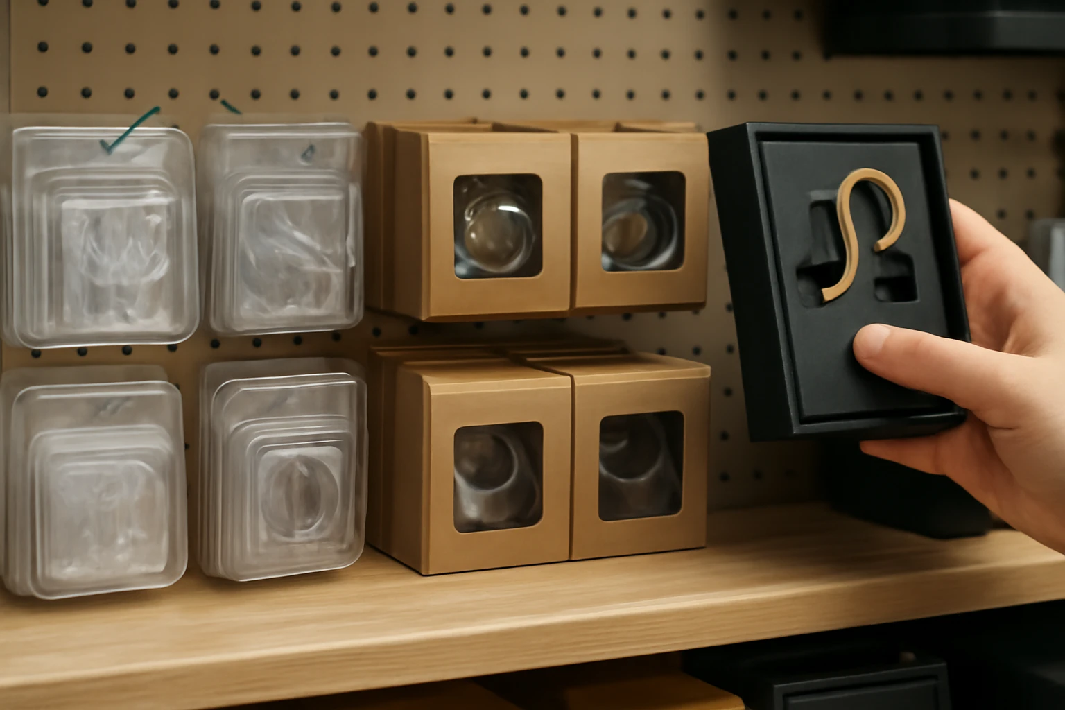 Editorial-style close medium shot of a retail shelving display in a home-improvement store showing three distinct groups of c