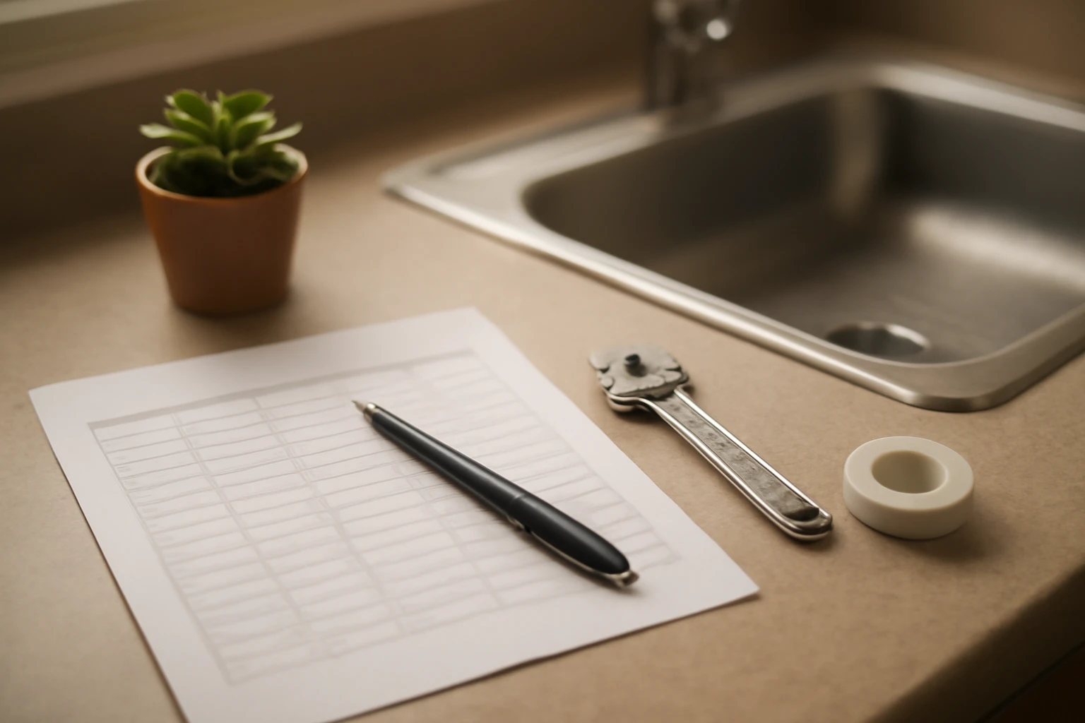 Estimate sheet and plumbing tools for kitchen drain repair arranged on a residential countertop with a small potted plant.