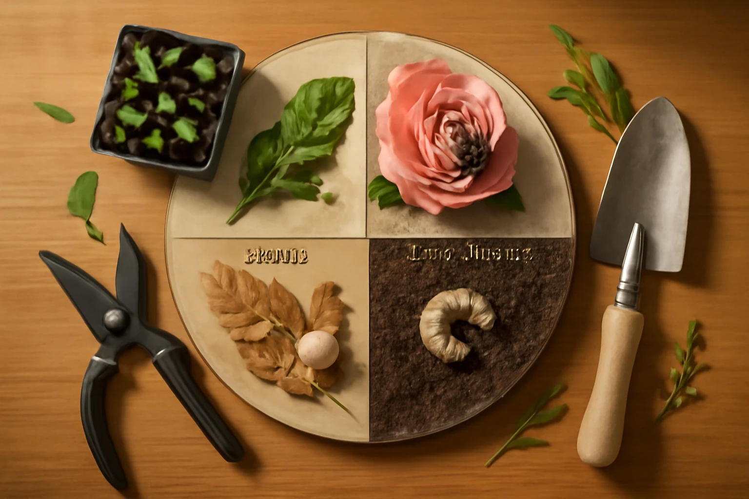 Flat-lay seasonal garden wheel showing beetle activity: seedlings with leaf beetles, a rose with a Japanese beetle, and a gru
