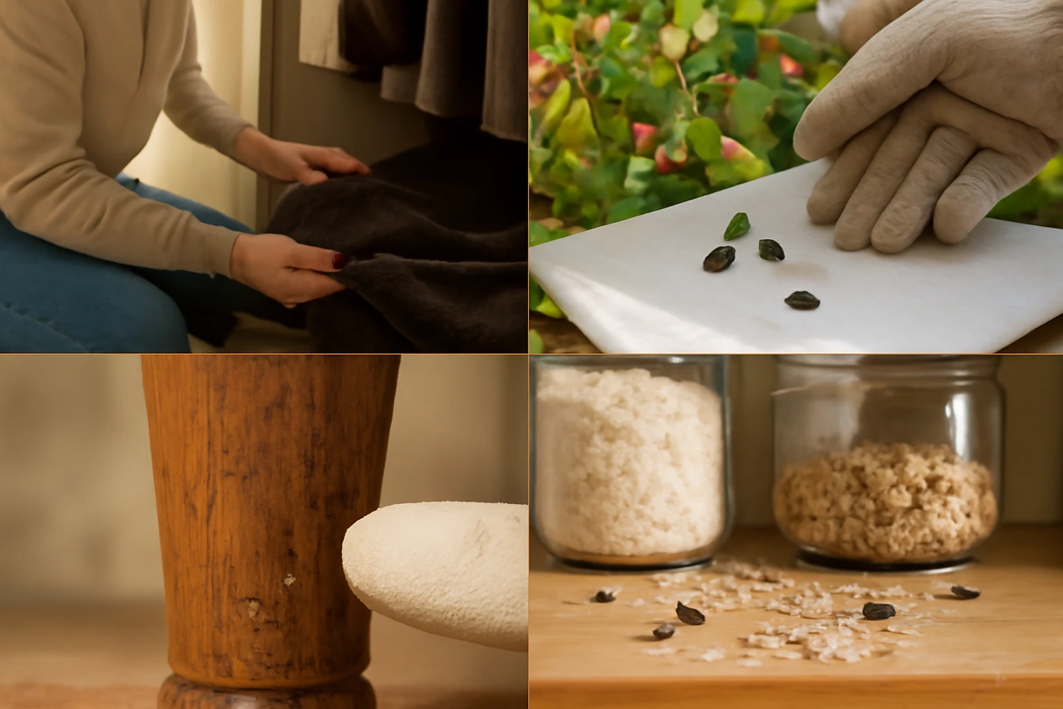 Four-panel image showing closet inspection for carpet beetles, shaking rose bush for Japanese beetles, powderpost holes in wo