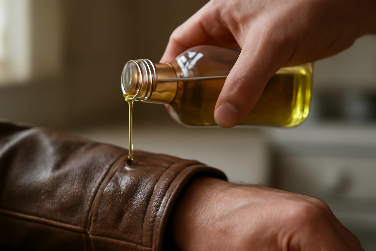 Hand pouring olive oil onto a leather jacket sleeve, oil soaking into the grain and darkening the leather.