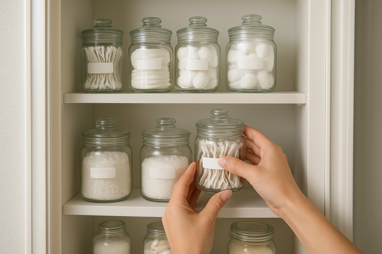 hands placing labeled jars into a bathroom cabinet with neat rows