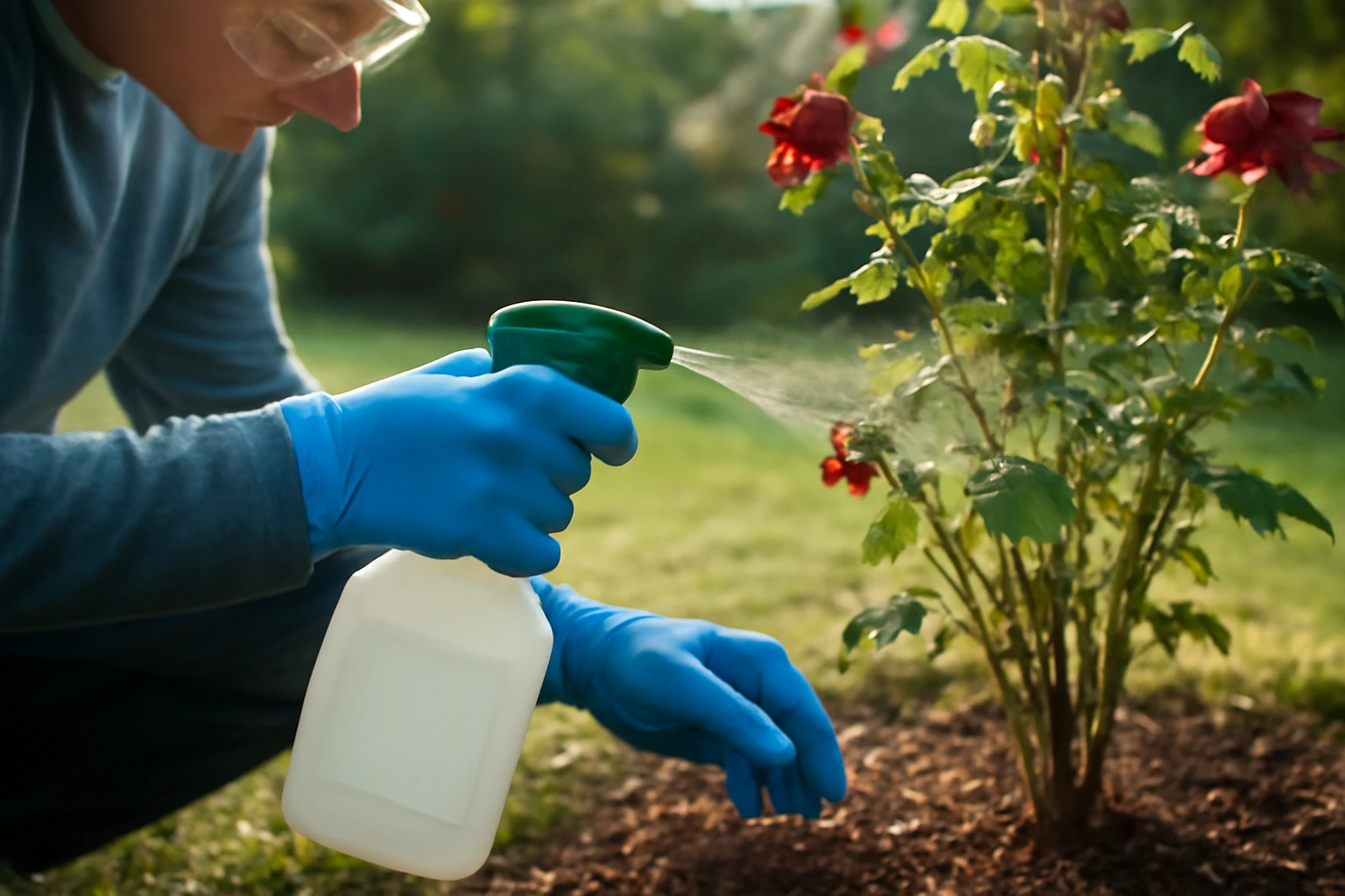 Homeowner applying outdoor insecticide spray to the base of a rose bush while wearing gloves and eye protection.