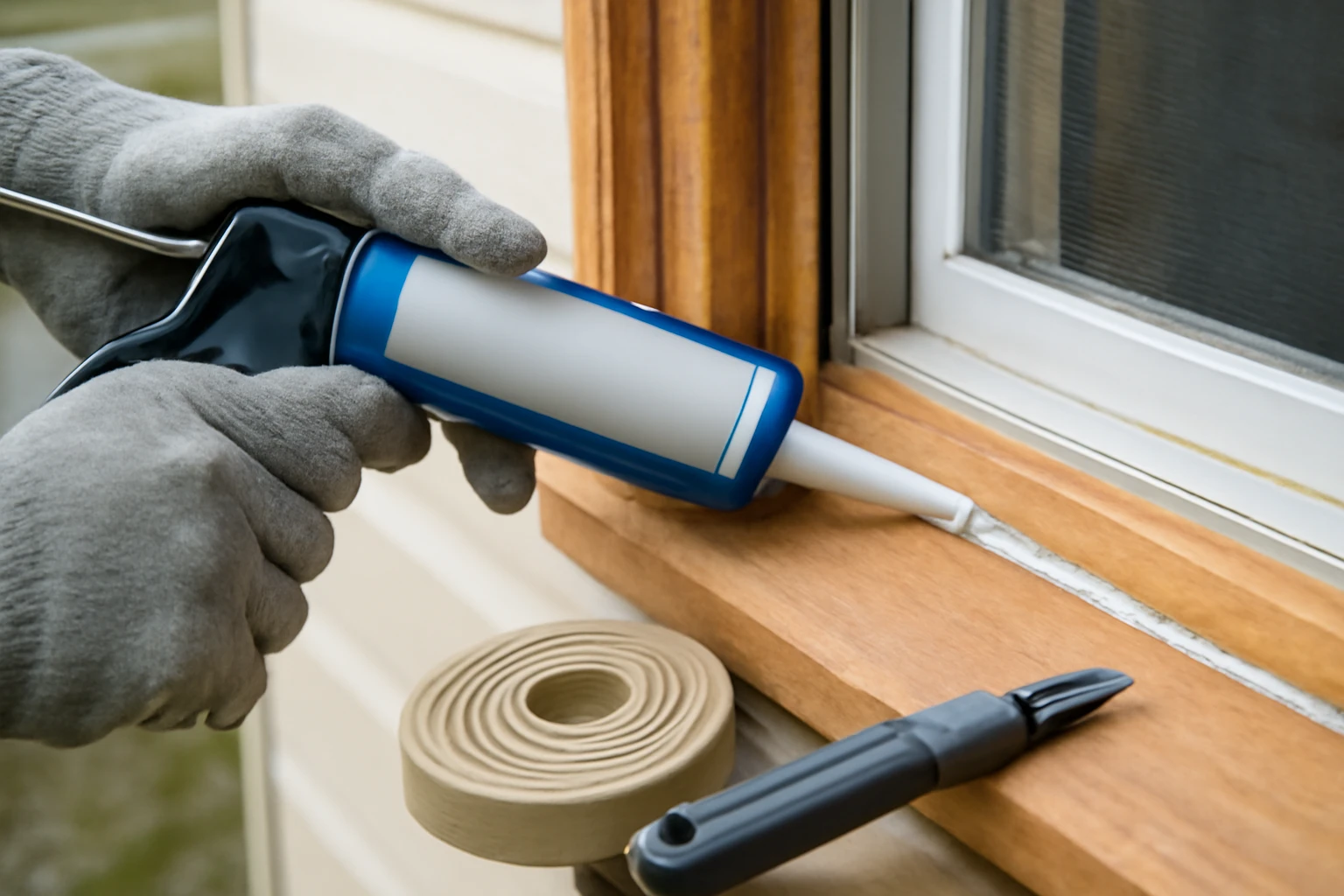 Homeowner applying silicone caulk to a window frame gap to seal entry points against beetles, with weatherstripping and tools