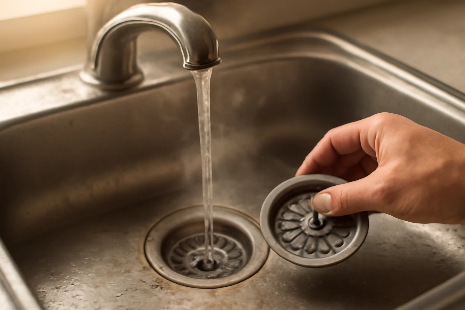 Hot water running into a stainless steel kitchen sink drain as a hand pushes a metal strainer aside and steam rises.