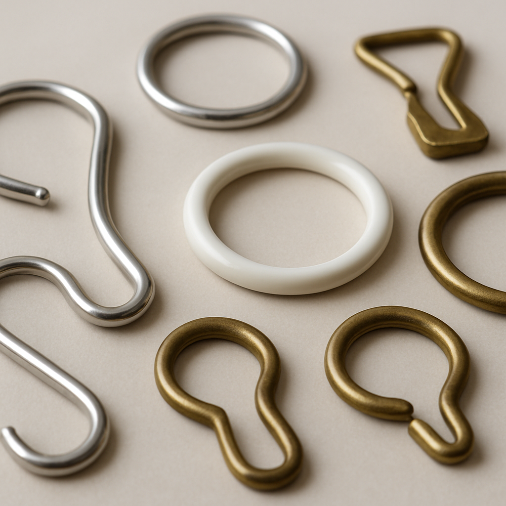 close-up photo of a selection of curtain hooks and rings arranged on a table