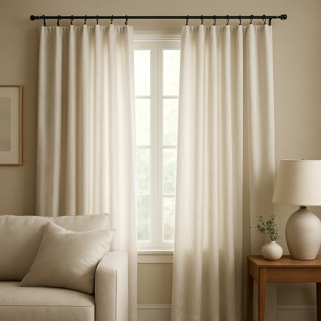 living room scene showing curtains hung with rings and clips on a metal rod