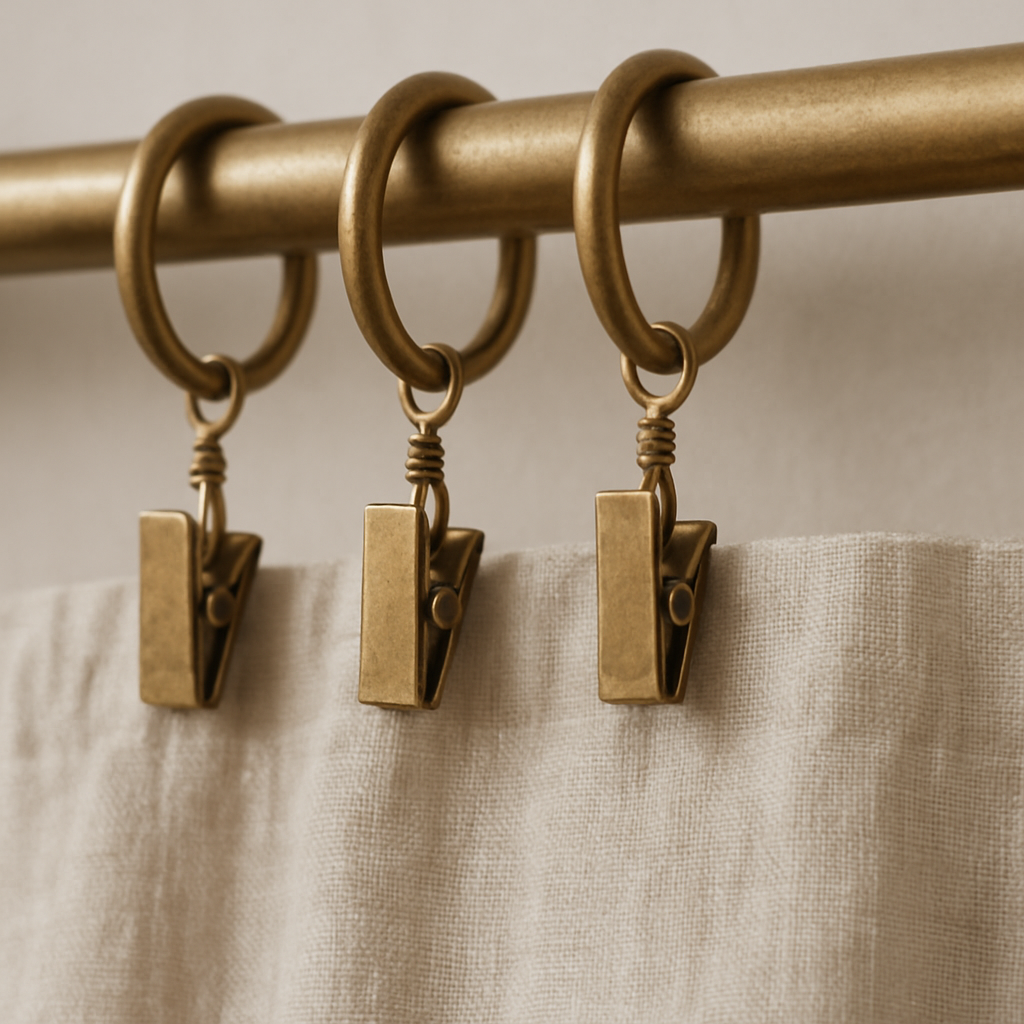 close-up of brass curtain rings with spring clips holding lightweight linen